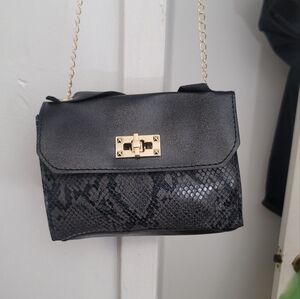 Snakeskin Print Hand Bag with Gold Crossbody Chain or Strap to carry Purse.